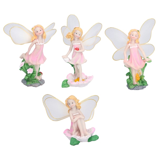 4 stk. Blomsterfe Figuriner Statue Have Dekoration Harpiks Model Miniature Landskab Dekor