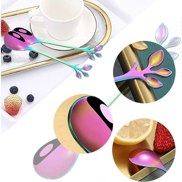 8 Stykker Fargerike Kaffeskjeer i Rustfritt Stål med Bladmotiv, Små Dessertskjeer i Rustfritt Stål, Mini Dessertskjeer med Gren-design, Brukes til