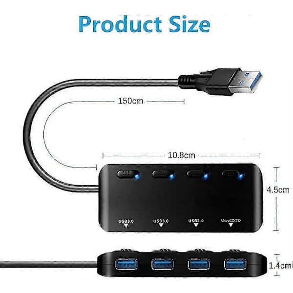 4-porttinen USB 3.0 -keskitin, USB-keskitin aktiivinen jakaja datakeskitin 5 Gbps yksittäisillä virtakytkimillä ja LED-valoilla, USB-keskitin Adapte_SZXM