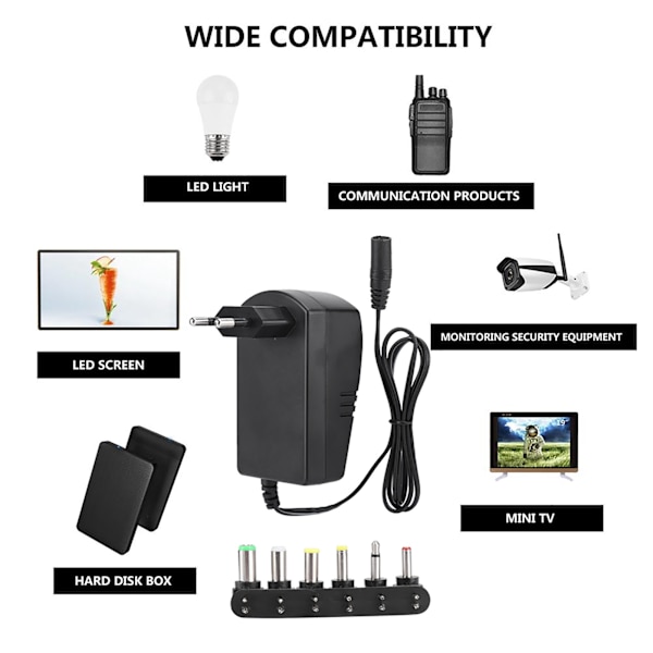 Universal 30W 3V-12V justerbar spændingsstrømadapter med 6 stik (EU-stik 100-240V)