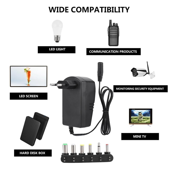 Universal 30W 3V-12V justerbar spenningsstrømadapter med 6 kontakter (EU-plugg 100-240V)