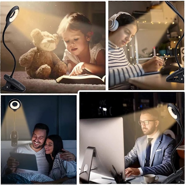 3W Oppladbar Trådløs LED Skrivebordslampe, 24 LED-er, Berørings Sengelampe med Klemme, 3 Farger og 3 Intensitet, Liten Leselampe for Lesing i Sengen, Bærbar Bl
