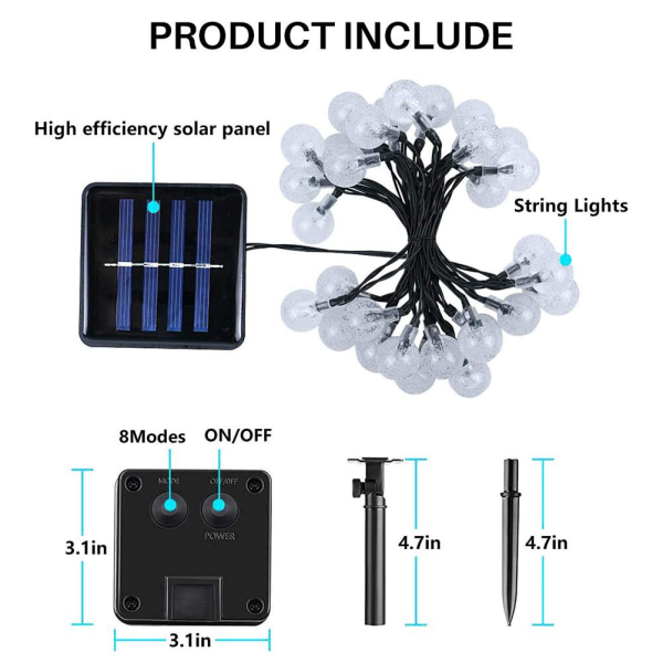 2 stk 50 LED 32FT Crystal Globe Solar String Lights Utendørs Vanntett Solar Lights med 8 belysningsmoduser for hagegård