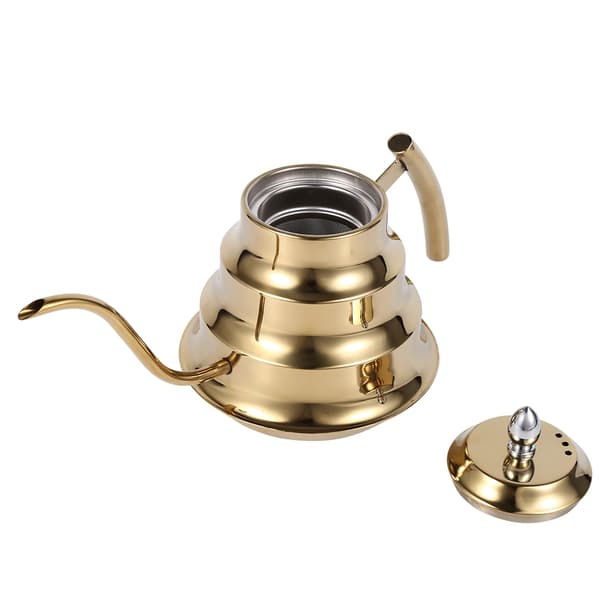 Kaffekanne i rustfritt stål med bambusledd-design, svanehals, for dryppkaffe og infusjon (gull)