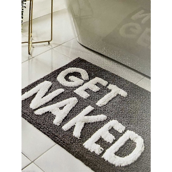 Halkfri Badrumsmatta i Svart & Vitt - Vattenabsorberande Badrumsmatta med Get Naked-text - Supermjuk