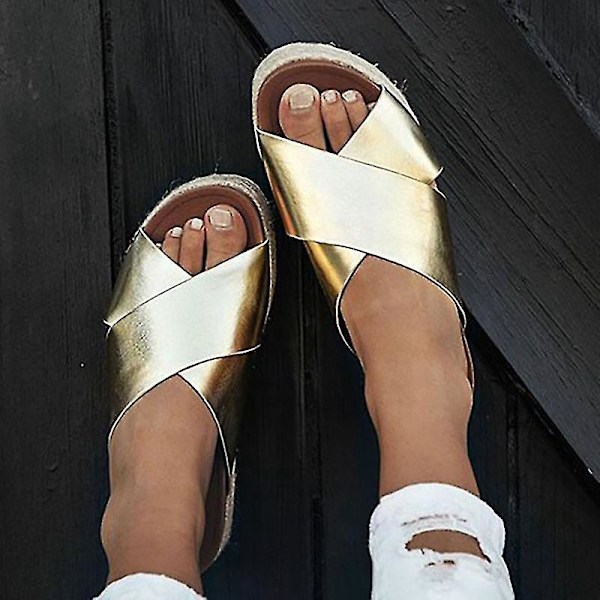Cross Chunky Platform Espadrille Wedge Sandaler för Kvinnor Guld EU 36