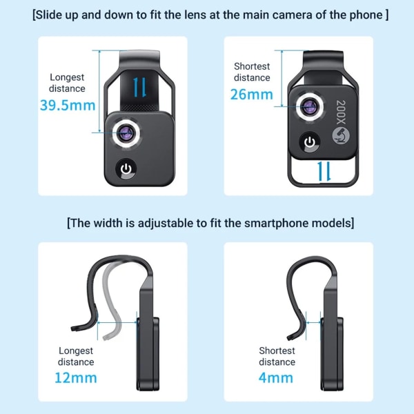 200X Zoom puhelimen mini taskumikroskooppi CPL-linssillä LED-valo Matkapuhelimen ulkoinen linssi Kannettava puhelinmikroskooppi kamera musta Black