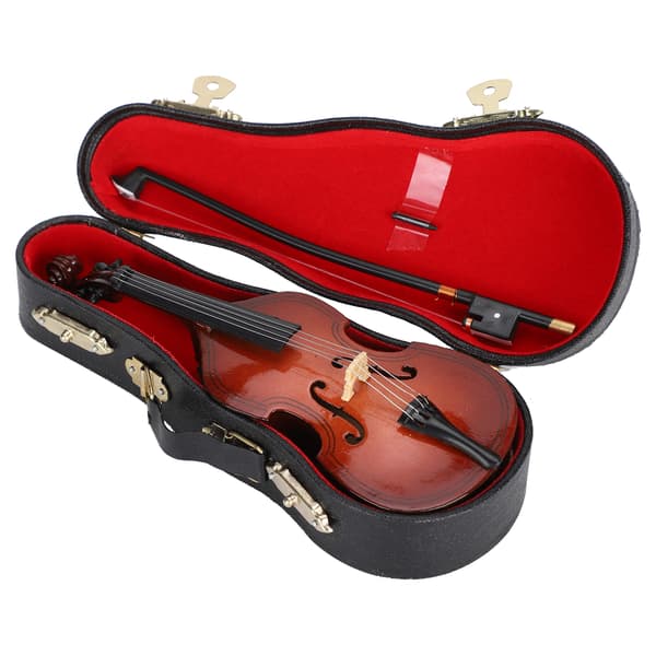 Miniatyr Musikinstrument Trä Basgitarr Modell Dockhusdekoration med Fodral och Stråke