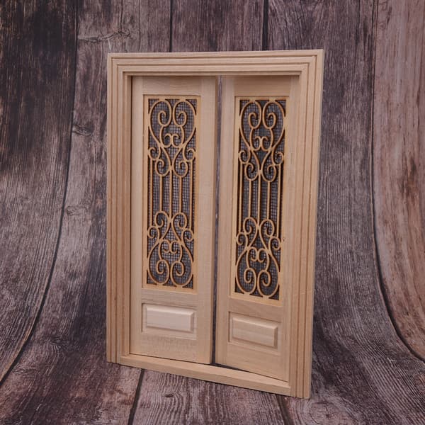 1:12 Skala Dockhus Möbler DIY Mini Omålad Trä Dubbeldörr Tillbehör Dekoration Dubbeldörr