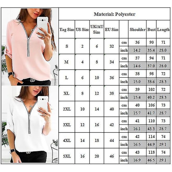 Sommar Dam Vit Chiffon Blus Zip Tee Shirt Plus Storlek XL
