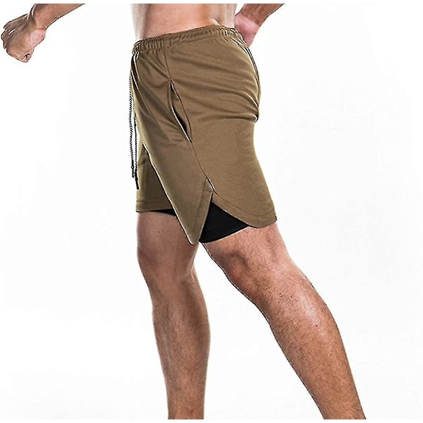 Kevyt ja nopeasti kuivuva miesten 2-in-1 juoksushortsi XXL Khaki