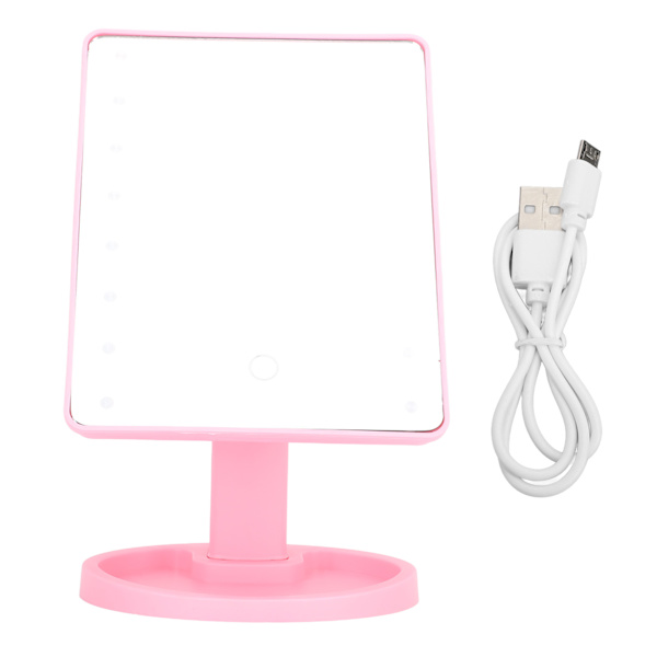 LED-meikkipöytäpeili, suorakulmainen, 16 helmeä, USB-ladattava, kulman säädettävä, kannettava matkameikkipöytäpeili, vaaleanpunainen PP