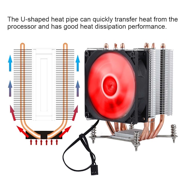 4 Varmerør CPU Vifte Kjøler Varmeavleder Radiator Med Skrue & Lys (Rødt Lys+Liten Skrue)