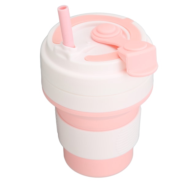 Vikbar kaffekopp Silikon Rosa 350 ml Bärbar Bra tätningsprestanda med sugrör Vikbar kaffemugg för resor