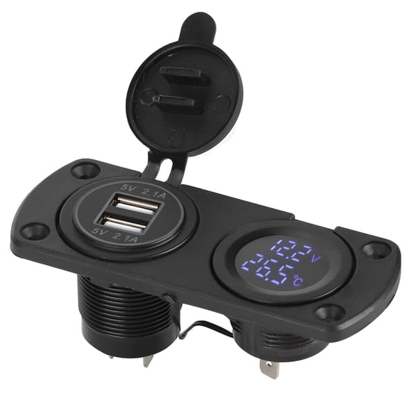 Temperatur Voltmeter Oplader Bil Dobbelt USB 12V Strømudtag Cigartænder Stik Blå