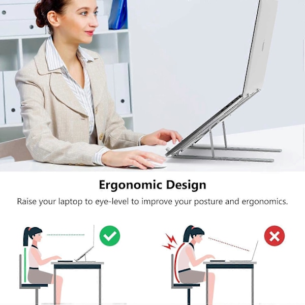 Laptopstativ, Aluminium Ventilert Laptopstativ 6 Nivå Justerbart Ergonomisk Laptopstativ, Grå
