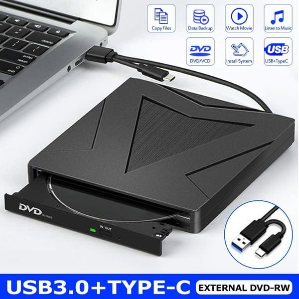 Ekstern USB-C og USB 3.0 DVD-læser/-brænder til bærbare computere og MacBooks, dobbelt tilslutning