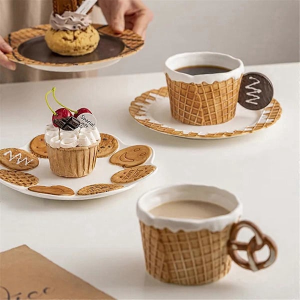 Sød keramisk kontor desserttallerken, kaffefarve, sukkervaffeltallerken