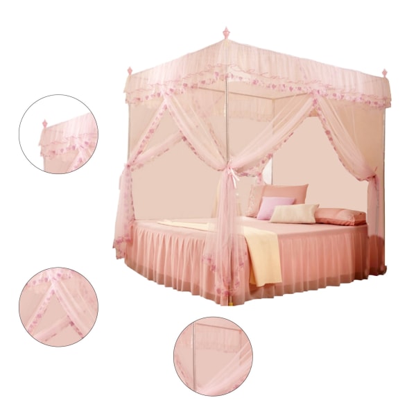Luksus Princess 3 Sideåbninger Stolpeseng Gardin Baldakin Netting Myggenet Sengetøj (Pink S)