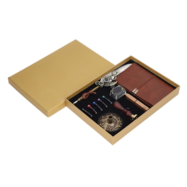 Hvidt fjerpennesæt Mekanisk tekstur Vintage Elegance Quill Pen Blæksæt med blækpose Metalindgraveret Nib Notebook-stempel