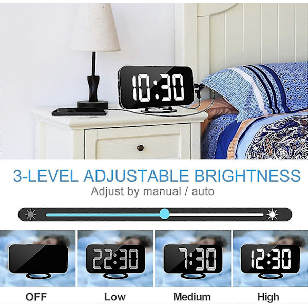 Digital Väckarklocka, 6\" Stor Spegelyta LED-Klockor Med Dubbla USB-Laddningsportar, Auto/Anpassad Ljusstyrka, Enkel Snooze-Funktion, Hem & Trädgård > Inredning