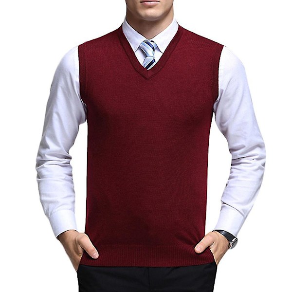 Solid Stickad V-ringad Väst för Herr Casual Höstkläder 2XL Röd