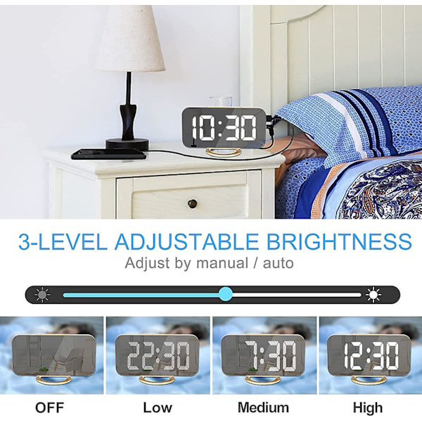 Spegel LED Digital Väckarklocka 6 Tum med Dubbla USB-laddare Automatisk Ljusstyrka Enkel Sovfunktion Perfekt för Sovrum Sängbord