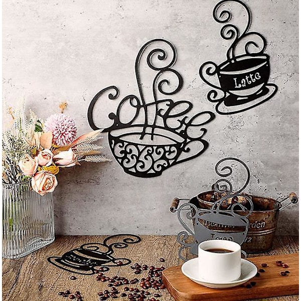 Snygg väggdekoration i metall med kaffemugg - Set om 3 | Perfekt för restaurang, pub, tebutik, kafé, bar och kök | Svart | 14\" x 2\"
