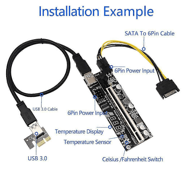 Mining Videokort Riser Drivet Adapter Usb 3.0 Kabel 6-pin Temperaturdisplay