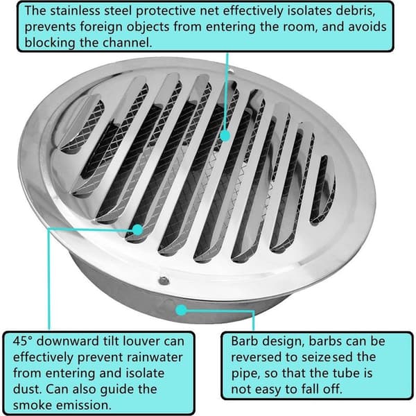 190 mm rund ventilationsrist i rustfrit stål til aftræk, køkken, badeværelse (190 mm)