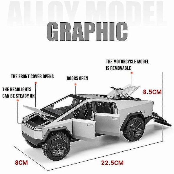 Tesla Cybertruck Leluautomalli Diecast-ajoneuvot 1:24 Mittakaavassa - Joululahjoja Lapsille Harmaa laatikolla