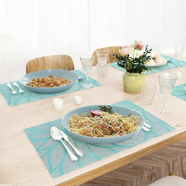 Pöytätabletit Teal, 6 kpl - Kudottu vinyylinen ruokapöydän tabletti, lämmönkestävä, liukumaton, pestävä, helposti pyyhittävä, kotiin ja keittiöön (6 tablettia)(B