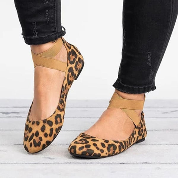 Leopard Ankle Cross Strap Ballet Dance Pumps Sandals Low Heel Zipper Shoes for Women