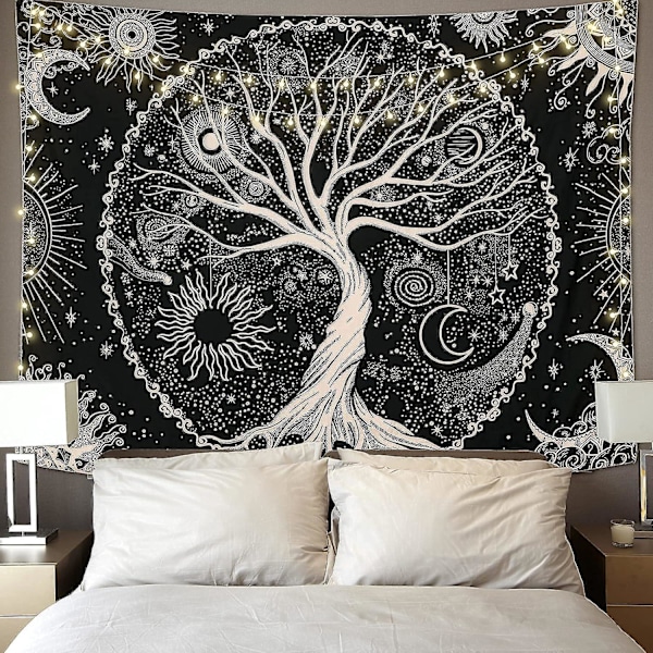 Elämänpuun seinävaate Kuu ja Musta Aurinko Psykedeelinen seinävaate Mandala Tähtitaivas Hippi-seinävaate makuuhuoneeseen (130x150cm)