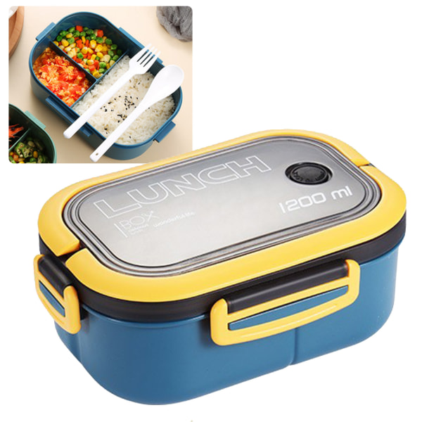 1200 ml Bento madkasse dobbeltlags isoleret madkassebeholder med gaffel ske til studerende kontorarbejdere blå