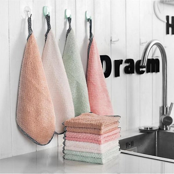 Håndklæder 8 stk. Absorberende Koralfløjl Hængetørklæde til Køkken og Badeværelse Bløde Håndklæder og Ansigtshåndklæder 25cm25cm (Pink/lysegrøn/vi pulver)