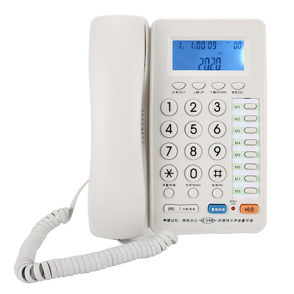 C199 Fastnettelefon Hjem Kablet Fastnet Kontor Telefon med Ledning Skrivebord Stor Skærm Hvid