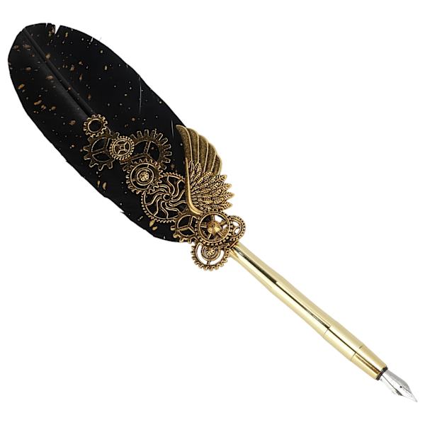 Fjærpenn Business Fire Lacquer Stamp Europeisk Retro Stil Sprinklet Gull Fjær Rustfritt Stål Dip Pen Set med Blekkpose Svart
