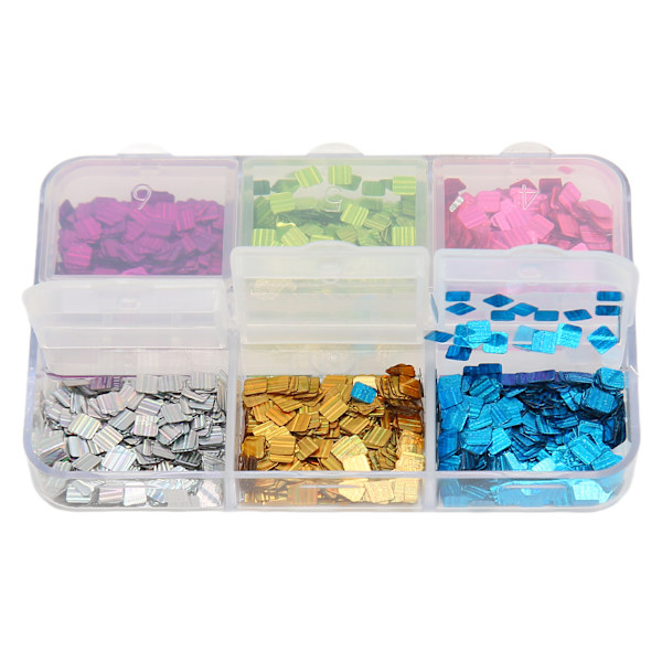 Square Nail Paljetter 6 Grids Blandet Laser Fargerik Square Nail Art Glitter for DIY Nail Art dekorasjon