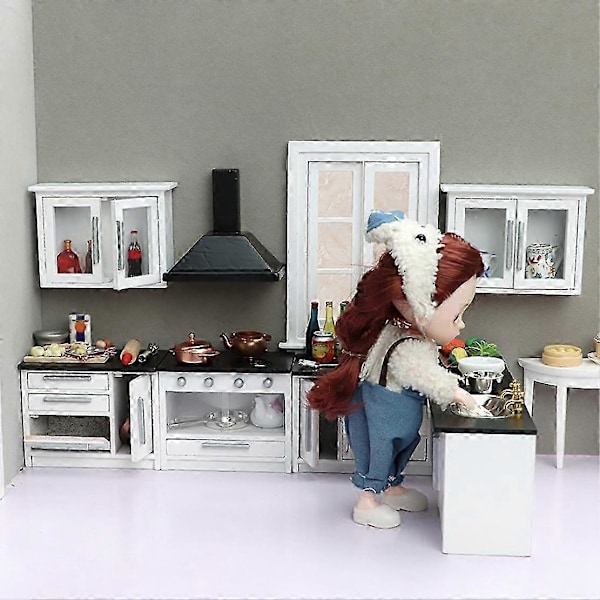 1:12 Mini Keittiö Scene Valkoinen Keittiökalusteet Liesituuletin Kaappi Liesi Tarvikkeet