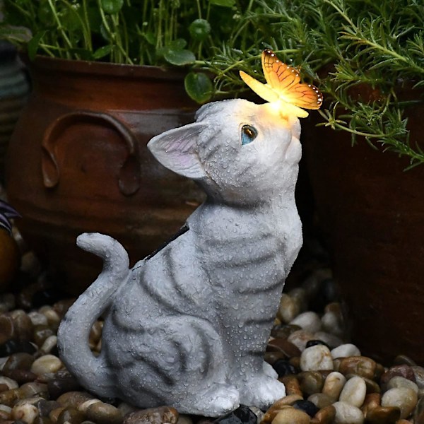 1 stk. Kreativ Have Dekoration Kat-Sommerfugl Udendørs Solcellelampe, Harpiks Ornament, Udendørs Solcellelampe, 13*18*26cm