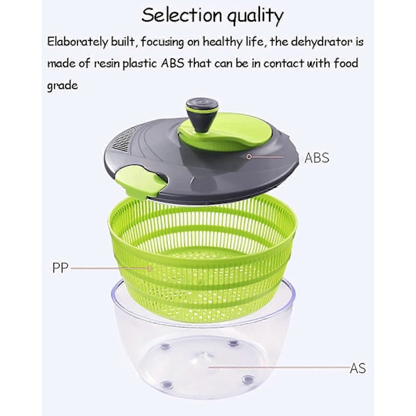 Salatsentrifuge, salattørker lett å rengjøre, salatvasker mikser lett spinning og rask tørking, salatsentrifuge bladtørker ideell for grønnsaker a