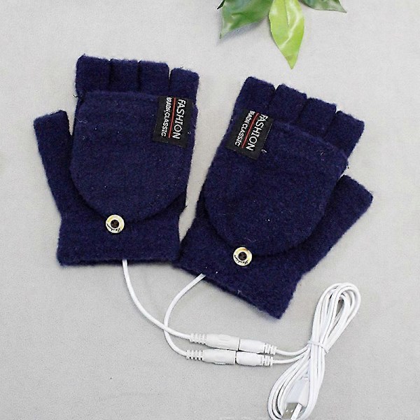 USB Uppvärmda Handskar för Kvinnor och Män Vantar Varma Vinterhandskar för Laptop (Marinblå), Hela och Halva Fingerlösa Uppvärmda Handvärmare