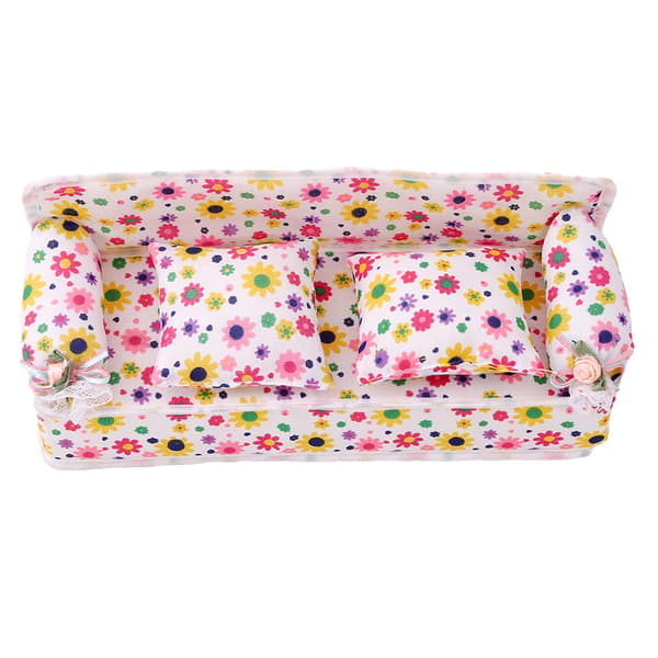 Miniatyrsoffa för barn, mini tygsoffa med blommönster och kuddar, leksak dockhusmöbler