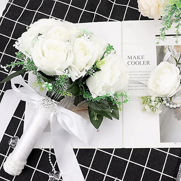 Brudebuket og håndledsblomst - Rose - til bryllup - Koreansk stil - Hvid - Kunstige bruderoser - Bryllupsbuket