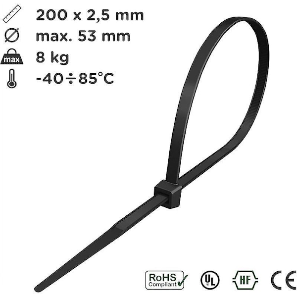 Nippuside 200mm x 2.5mm, Nippuside, Nylon-nippusiteet, Nippusiteet 200mm, Musta, 200 kappaleen pakkaus,