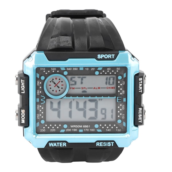 Elektronisk klokke for menn Nattlys Vanntett Stor urskive Dual Time Digital Sports Watch Black Blue
