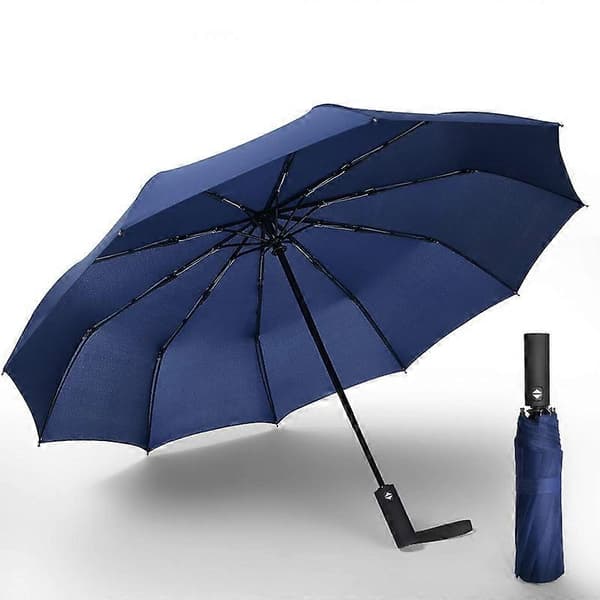 Wood Handle Folding Umbrella Windproof Compact Travel, Automatic Open/Close Large Rain Umbrellas Navy Blue