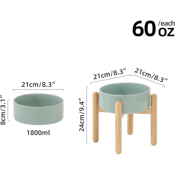 Keramisk Hævet Hundeskål med Stativ til Mellemstore og Store Hunderacer Mad- og Vandskål (Enkelt Skål med Stativ - Lysegrøn, 21cm)