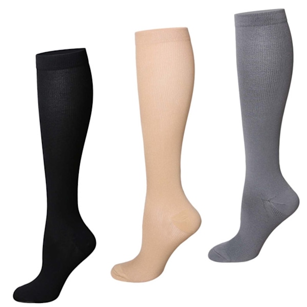 3 par kompresjonsstrømper i ren farge øker blodstrømmen pustende nylon kompresjonsstrømper løping for voksne svart hudfarget grå L XL